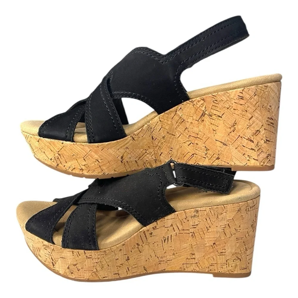 Clarks Collection Rose Erin Black Nubuck Cork Wedge Sandals – Size 6